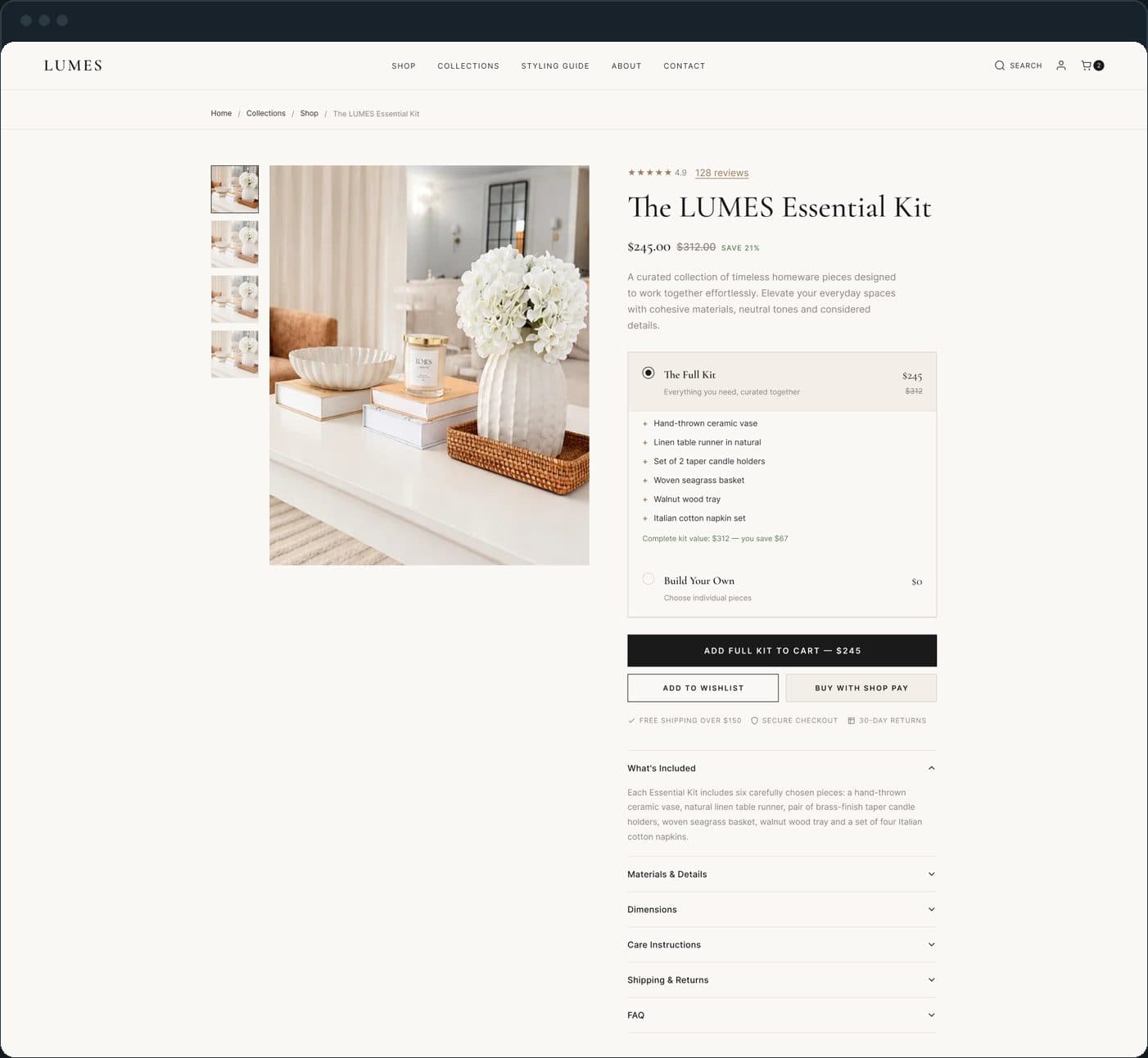 LUMES: What is on the Essential Kit page above the fold?